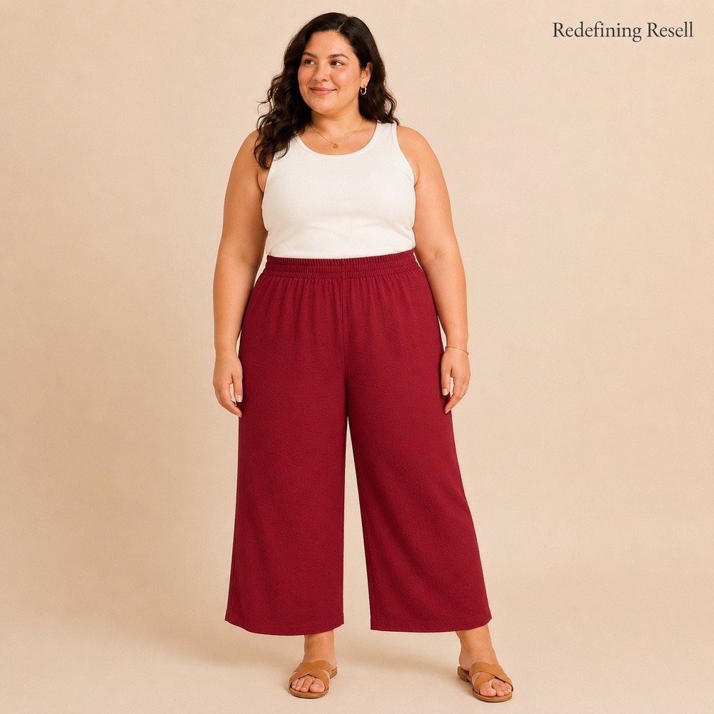 Emery Rose Womens 1XL Burgundy Red Wide Leg Culotte Elastic Waist Textured Pants